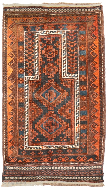 Baluch prayer rug from South West Afghanistan, with an unusually wide border. It is finished off with two large kilim skirt ends. All the dyes are natural, with a lovely blue colour,  ...