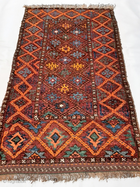 Afghanistan Belouch piled "balisht" or bag front, 100x58cm, early 20th c., soft shiny wool with wonderful vibrant natural colours including amazing yellow, excellent condition with full overall pile.     