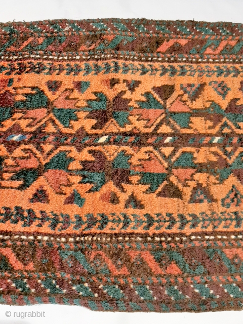Afghanistan Timuri Belouch "balisht" bag face, full finely woven pile, soft natural dyes (green, brown, white, peach, terracotta, burgandy), intact kilim ends, excellent overall original condition, 82x50cm.      
