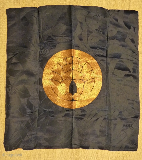 Meiji era "fukusa" small cloth used to present a gift (the cloth stays with the giver!), pomegranate seed (?) "kamon" motif gold thread on dark indigo dyed silk, 56x60cms, two tiny 1mm  ...