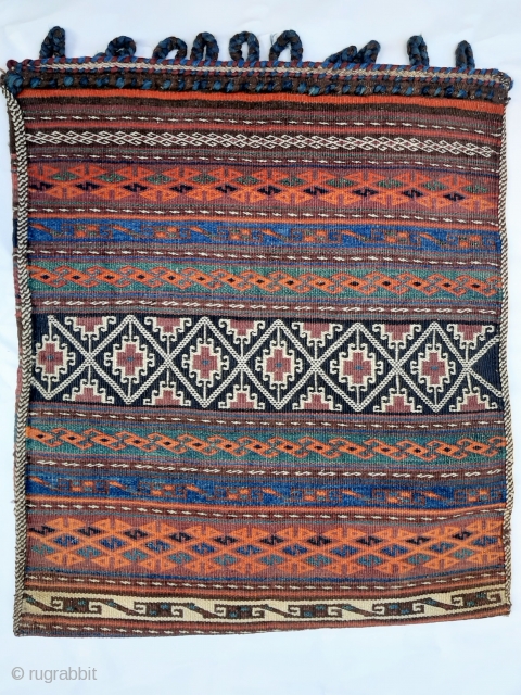 Afghanistan Aimaq Belouch nomadic bag in excellent condition. 75x64cms. Beautiful colours and accomplished floating weft technique. Ideal as a big cushion or as a floor cushion, or just to add to your  ...