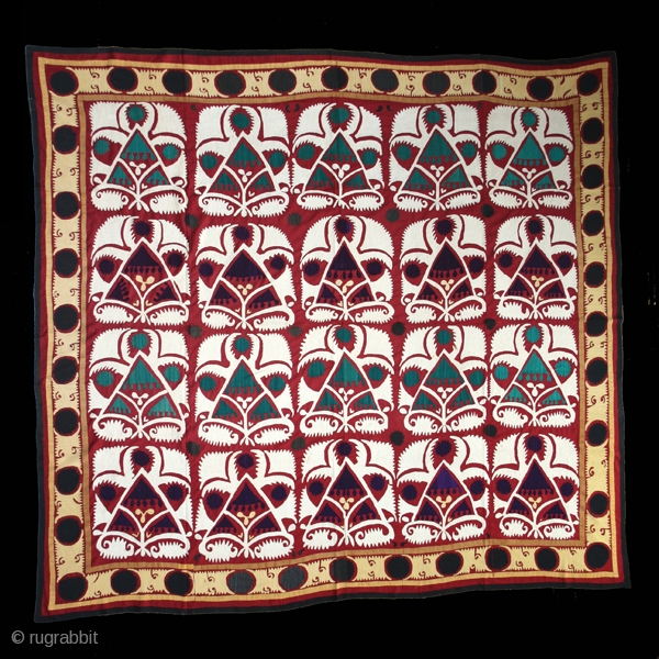 Suzani cod. 0053, Cotton embroidery on cotton. 1st. half 20th. century. Very good condition. Dimension  cm. 260 x 280 (102" x 110").          