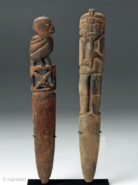 A pair of wooden loom sticks cod. 0733. Chancay culture. Perù. Ca. 1000 to 1470 A.D.  Well-preserved for their material and age. Size of flute player (they are similar in size):  ...