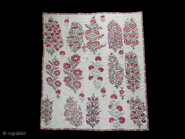 Suzani cod. 0557. Silk embroidery on cotton natural dyes. Uzbekistan. First half 19th. century. The condition is very good, with 1-2 tiny repairs to the cotton ground and some to the silk  ...