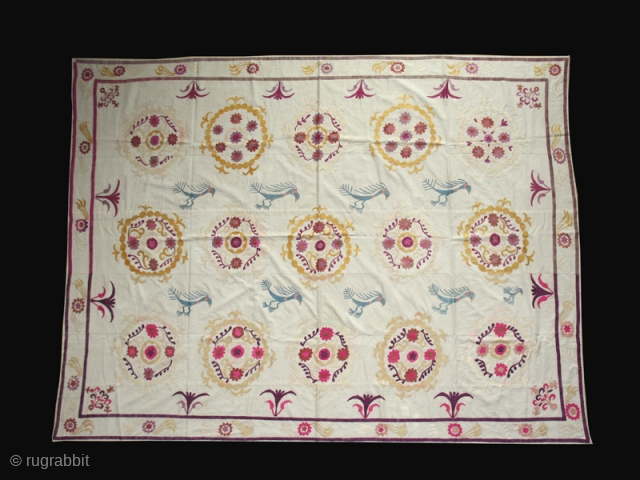 Suzani cod. 0264. Silk embroidery on cotton. First half 20th. century. Perfect condition. Dimension cm. 204 x 270 (80" x 106"). Sewn onto a cotton textile.       