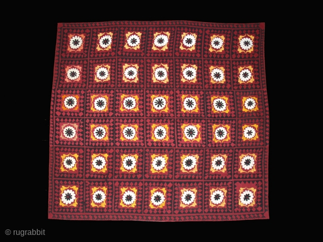 Suzani cod. 0252 cm. 200 x 220 (79 x 87 inches). Early /mid. 20th. century. Relined with plain cotton.              