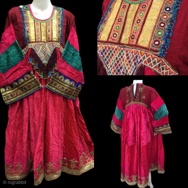 Tribal antique Pashtun nomadic silk hand embroidered high quality golden threaded red velvet dress from Afghanistan.
                 