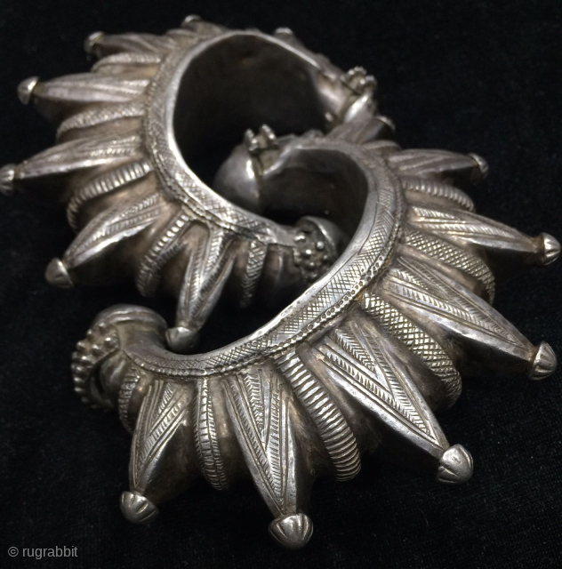 Tribal antique rare high quality silver Ghokru spike cuff from Kohistan valley of Pakistan. Circa late 19th -early 20th c             