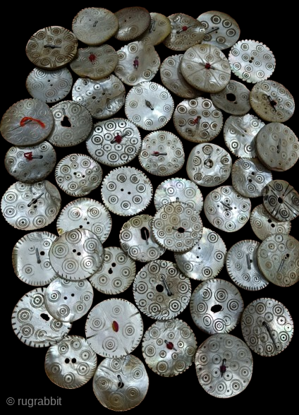 Antique mother of pearl buttons from Himalayan region of Pakistan ( gilgit valley ) They are 19th to early 20th century 
For price and details please contact at nooristanartgallery@yahoo.com    