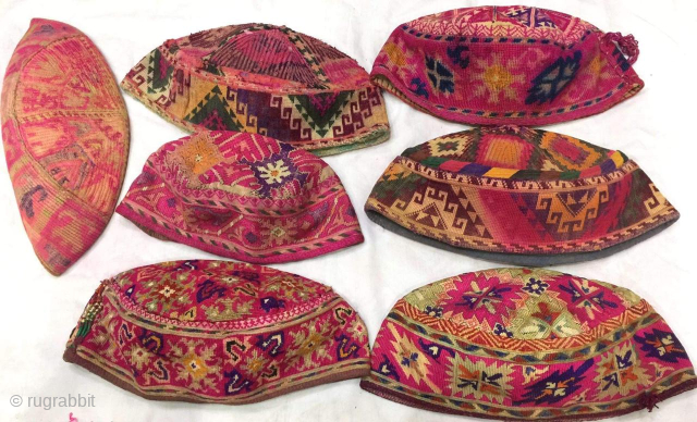 13 Hats , Antique silk thread hand embroidered hats from Afghanistan / Bukhara ,  each hat is very finely handmade in silk threads         