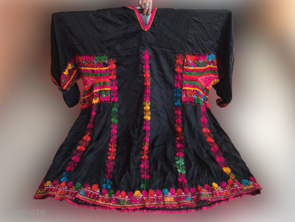 Tribal Pashtun rare dera ismail Khan region woman dress
In excellent condition. Silk threads hand embroidered on black silk fabric , The dress is extra large size 
Circa mid 20th c   