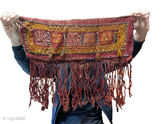 Tribal antique traditional wall hanging textile or bag.It has an opening at one end and probably used for keeping stuff like letters,needles or weaving tools.
Probably circa mid to late 19th century.