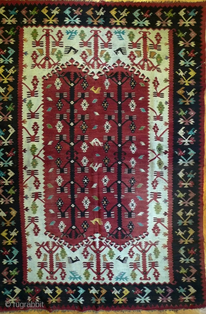  Sarköy Kilim original from the area where Romania meets Serbia and Bulgaria. I found it in Romania. Looks older than 100 years. Perfect condition only very thin. 277 x 171 cm. 
