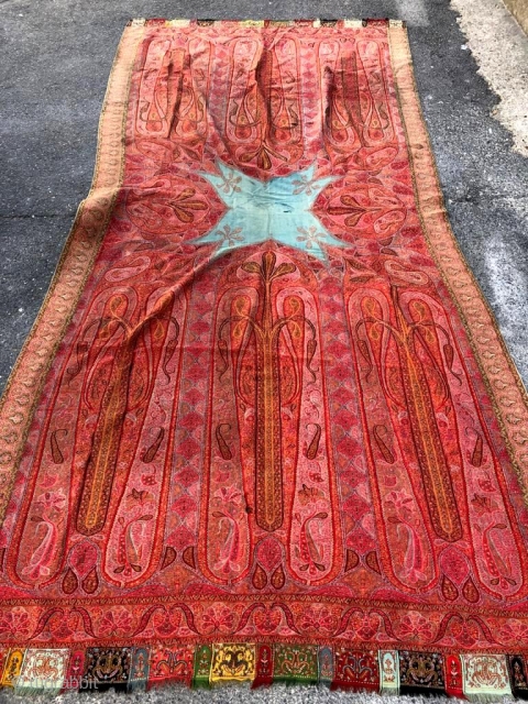  
a very beautiful old Kashmir long shawl with a Turquoise center which is not very easy to find,with a few small holes which is very normal in these type of vintage  ...