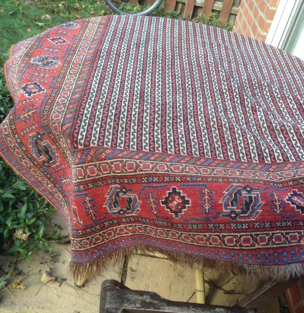 Old Kamseh rug in good condition low pile,, has a nice design and colours, side cords or shirazis were redone.
Size 185 x 135 cm.
Good price.
        