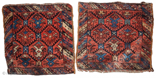 #1B345 Persian "Veramin" pair bags 1.7' x 1.9' 1880, in original condition: has some age ware and hole.               