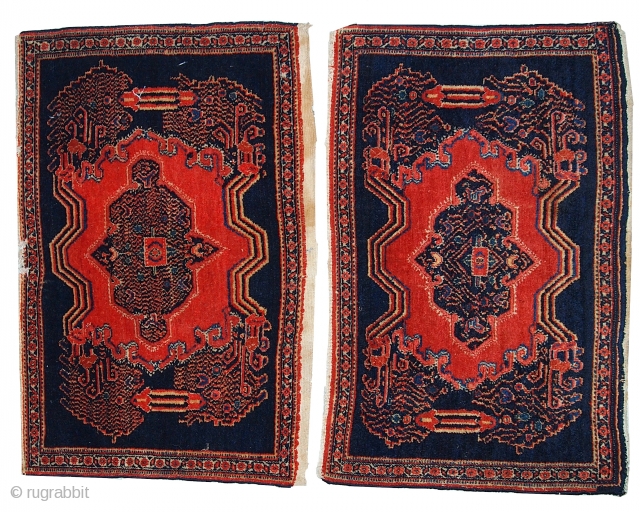 Handmade antique Persian pair of Senneh rugs 1.7' x 2.6' ( 52cm x 80cm ) 1900s - 1C359

               