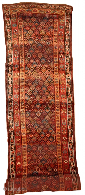 Handmade antique Persian Kurdish runner 3.6' x 17.8' ( 109cm x 542cm ) 1880s - 1B445                 