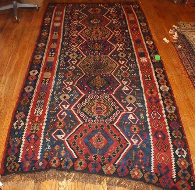 #1B71 Turkish kilim rug 5.1' x 10.5' 1890, some synthetic colors.                      