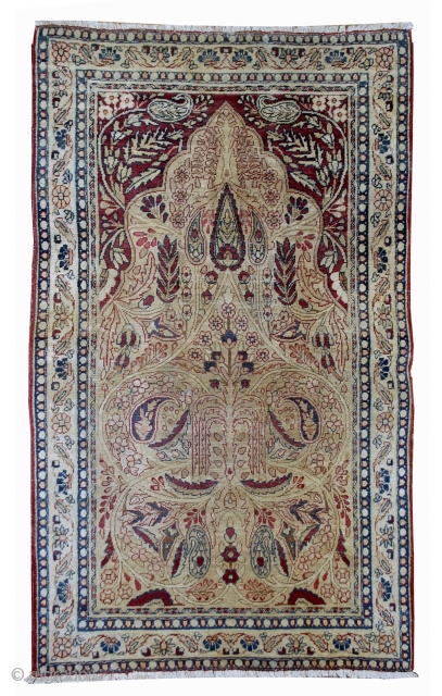 #1B524  Hand made antique prayer Persian Kerman Lavar rug 2.10' x 4.8' ( 90cm x 146cm) 1880.C
               