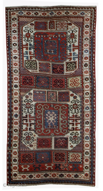 Handmade antique Caucasian Karabagh rug 4.2' x 8.3' (128cm x 253cm) 1880s - 1B523                   