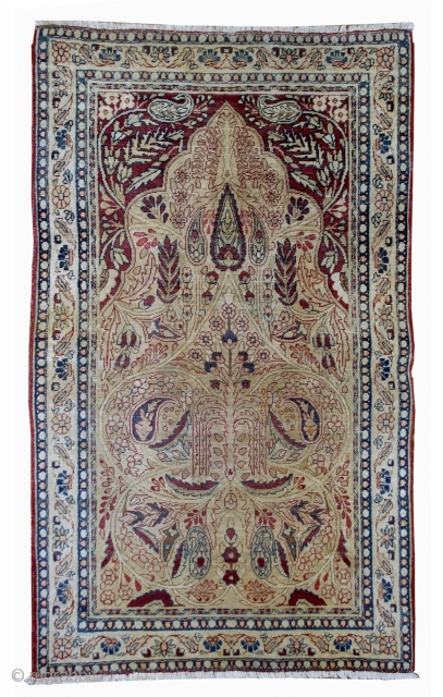 Handmade antique prayer Persian Kerman Lavar rug 2.10' x 4.8' ( 90cm x 146cm) 1880s - 1B524                