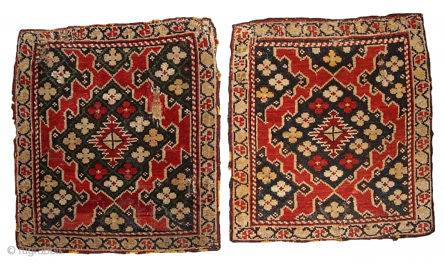#1B358 Hand made antique collectible Armenian "Karabagh" pair of rugs 1.4' x 1.5' 1880, in original condition: has some age ware and hole.          