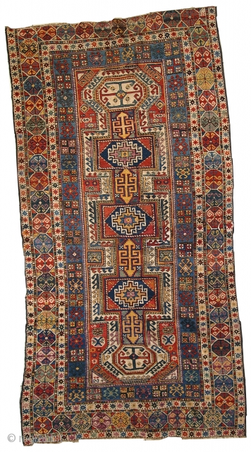 1C260 Caucasian Shirvan rug 3.8' x 7.6' ( 118cm x 233cm ) 1870, condition: original, some age wear, missing end, little crooked.           