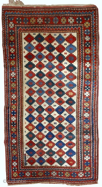 Handmade antique Caucasian Kazak rug 3.7' x 6' (113cm x 183cm) 1890s - 1B562                   