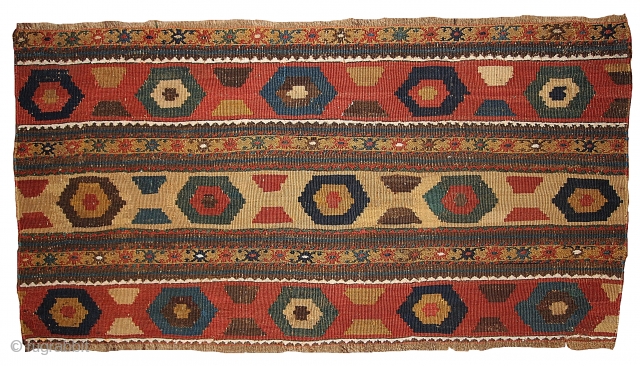 #1B360 Caucasian flatwoven mafrash panel 1.4' x 2.8' 1880, original good condition.                     