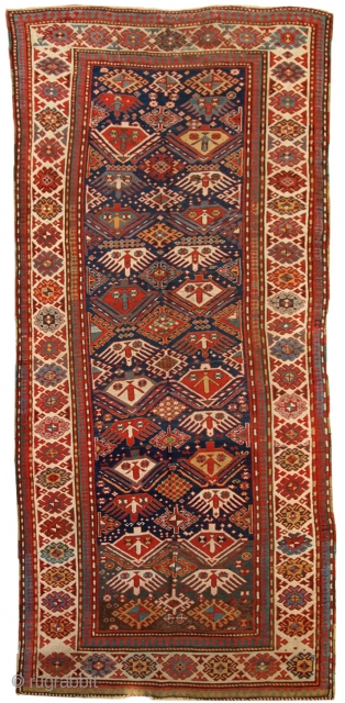 #1C249  Hand made antique Caucasian Kazak runner 4' x 9.2' ( 123cm x 281cm ) C.1880s                