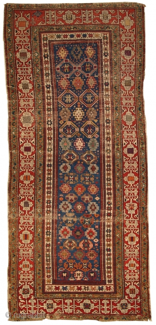 #1C250  Hand made antique Caucasian Kuba runner 3.6' x 8.1' ( 110cm x 247cm ) C.1880s                