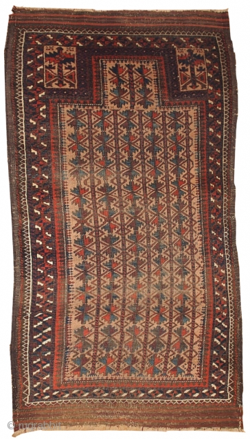 #1B219  Handmade antique collectible Afghan prayer Baluch rug 2.10' x 5.3' ( 91cm x 161cm) 1880.C
                