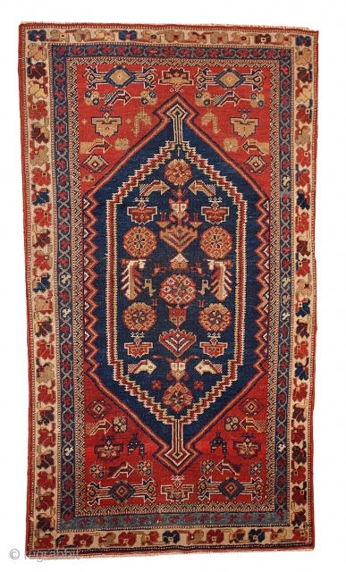 #1B223  Handmade antique Persian Shiraz rug 3.2' x 5.9' ( 97cm x 180cm ) 1920.C
                 