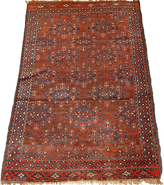 #1B205 Hand made antique collectible Turkoman rug 3.8' x 5.6' 1880, in a good condition for that age               