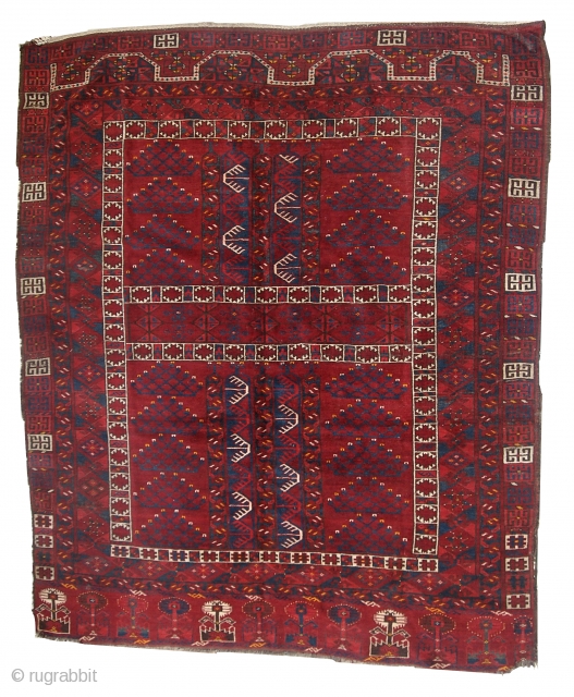 N° 1C293  Hand Made antique Turkoman Engsi Rug 4.9' X 6' ( 151cm X 185cm) 1870, condition: original: one end, one side and one corner are a little bit missing.  