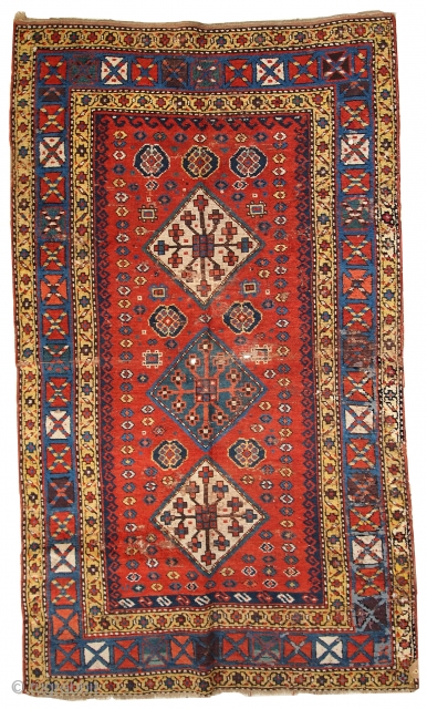 #1C259  Hand made antique Caucasian Kazak rug 4.1' X 6.9' ( 127cm X 211cm ) C.1860                