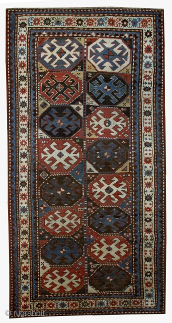 #1B521  Hand made antique Caucasian Kazak Mohan rug 3.8' x 8.2' ( 116cm x 250cm ) 1880.C               