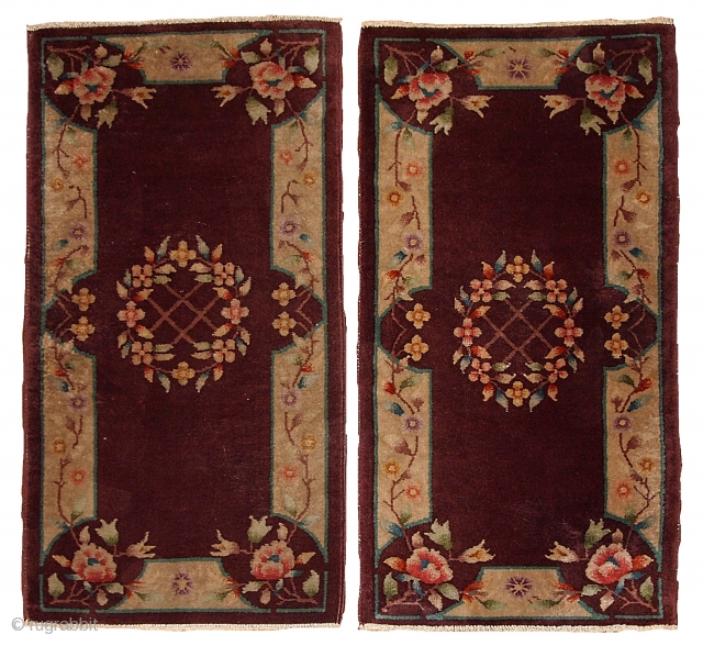 #1B368  Handmade antique Art Deco Chinese pair of rugs 2' x 3.10' ( 61cm x 119cm ) 1920.C
              