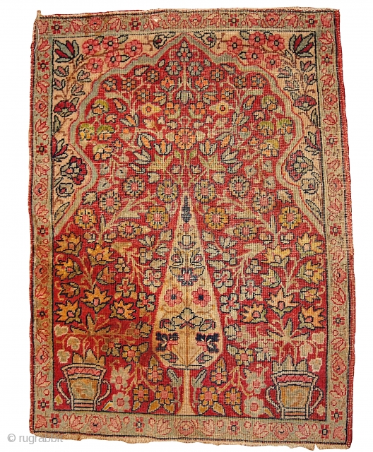 #1B330 Persian prayer "Kerman Lavar-Tree of Life" rug 2' x 2.9' 1880, in original condition: low pile and stain.              