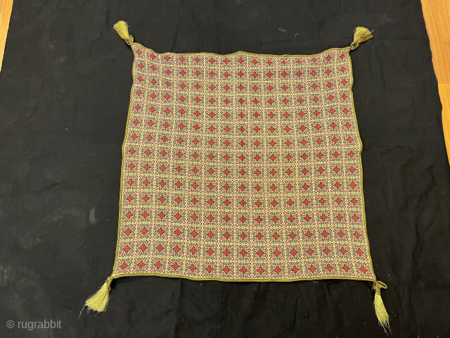 Antique Palestine Silk Embroidery Textile Bohca ,
with Silver Tassel, Table Cover, Wall Hanging
75x75cm