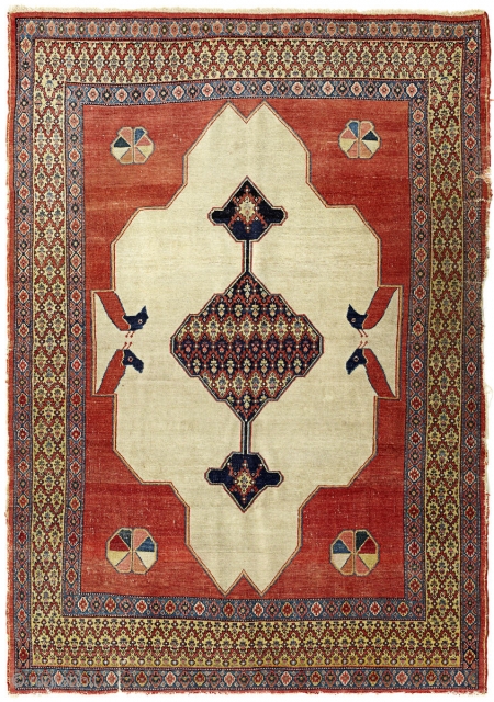 ca 1900 Senneh rug with interesting animal motifs. Even wear and damages as shown on the picture. 

195x140 cm.              