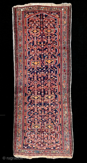 Beautifully colored Persian Varamin rug, most probably made by Luri people settled in north Persia around 1900. Unusual runner format 150x370 cm.           