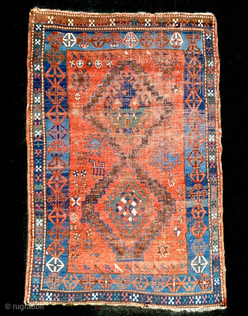 Kazak 1900-1910, low pile, blue color varies from sky to deep indigo tones.                    