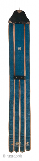 This Edo period silk temple banner, or ban, was created from salvaged silk kimono. The proper "front" is the green blue side with soft orange binding. It is perhaps equally striking with  ...