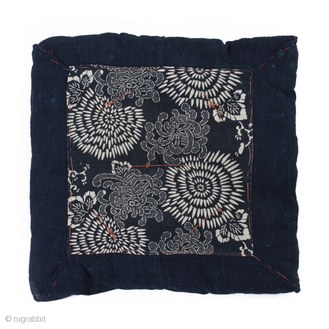 This is an antique Japanese floor cushion, or zabuton. The zabuton is made of beautiful katazome dyed cotton and lined with hand spun, botanically dyed indigo. Katazome is a method of dyeing  ...