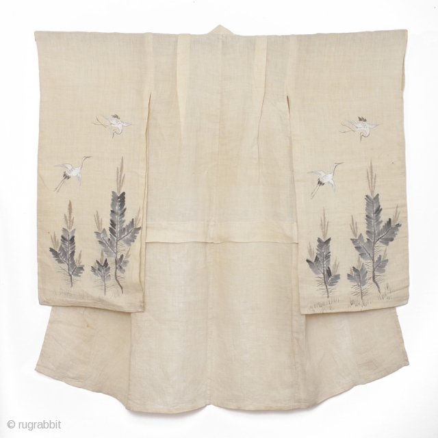 This is a beautiful girl's hemp kimono with hand painted motifs of crane and pine. For the Japanese, the crane--or tsuru--is considered a national treasure, appearing in art, literature and folklore. The  ...