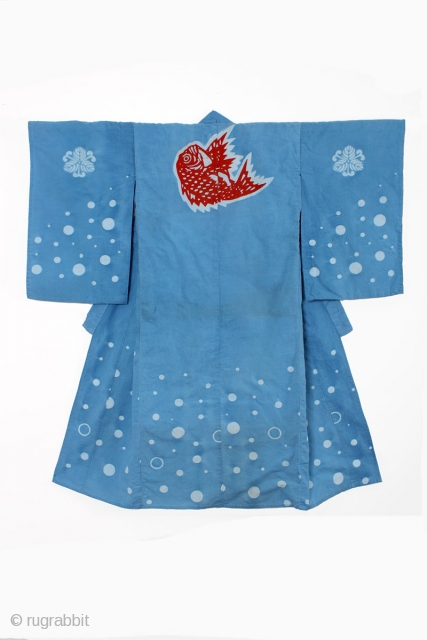 This is a Japanese cotton boy's kimono with elaborately dyed dots, and a brilliant red sea bream, or porgy. 

This child's kimono, which dates back to the early Showa period, was worn  ...