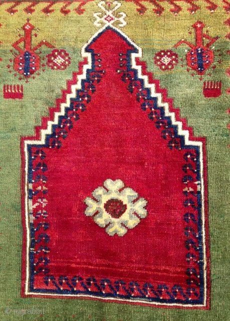 19th century Mucur prayer rug in nearly full pile.  All organic colors, including lovely greens, a deeply saturated red, and a clear yellow.  Very good condition, nicely restored (see last  ...