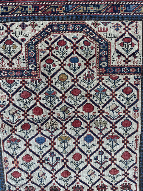 Early 19th century Kuba prayer rug.137x90cm. Dated 1833. Some poor repair and edge losses. Fresh to the marketplace. Email owenrugs@gmail.com             